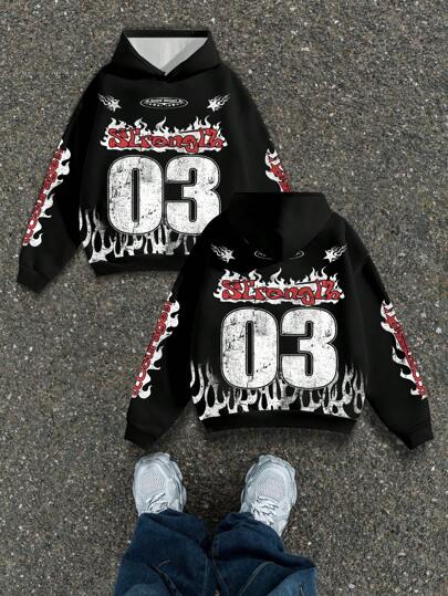 Manfinity EMRG Men's Casual Hoodie With Number & Flame Print