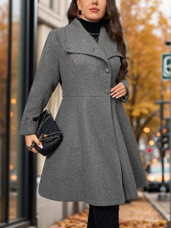 SHEIN Privé 大码女装秋冬时装秀深灰色 A 字型不对称冬季羊毛大衣适合简约旅行和优雅约会