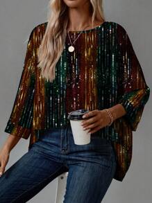 Glamance Warp Atelie Women Multicolor T-Shirts Wrist-Length Sleeve Round Neck Casual Striped,Plain,All Over Print Summer Outfits For Women Graphic Tee For Women Going Out - Multicolor - View 4
