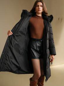 Anewsta Women's Casual Solid Color Fur Collar Hooded Padded Coat For Winter