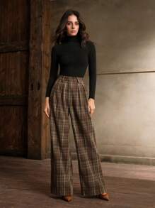 Anewsta High Waisted Straight Leg Plaid Pants For Office Lady, Autumn/Winter