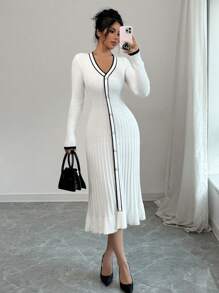 Selianne 女士优雅条纹 V 领长袖单排扣鱼尾下摆毛衣连衣裙，秋季