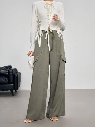 EastFlair Women's Fashionable High Waist Elastic Waist Loose Drawstring Straight Leg Cargo Pockets Casual Wide Leg Pants