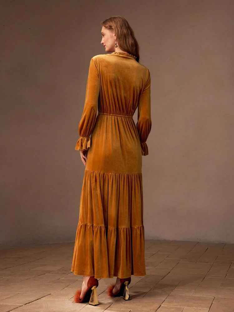 VELVET SOLID FRILL TASSEL TIE NECK FLOUNCE SLEEVE TIERED HEM MAXI DRESS, WOMEN OUTFIT