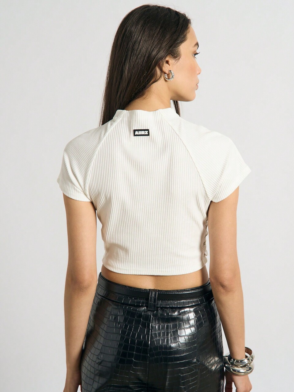 AiiRZ Ribbed Side Lace Up High Neck Short Sleeves Fitted T-Shirt