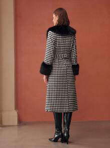 MOTF PREMIUM TWEED HOUNDSTOOTH PRINT CONTRAST FLUFFY BELTED LONGLINE OVERCOAT - Black and White - View 4