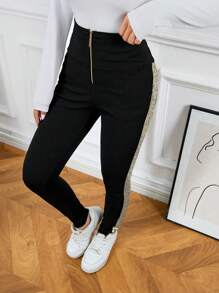 SHEIN LUNE Autumn/Winter Front Zipper Slim Fit Party Black Pants,  Contrasting Sequins Embroidery On Sides