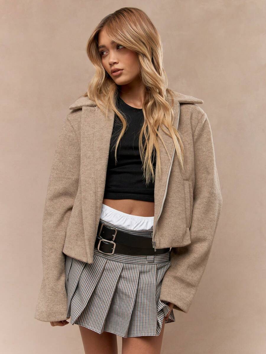 MISSGUIDED 冬季羊毛混纺短款拉链夹克时尚外套短款外套休闲现代风格秋春外套系列经典领口设计