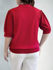 Plus Size Short Sleeve Embellished Faux Pearl Knitted Sweater, Spring/Autumn For New Year, For Winter Fall - Red - View 2