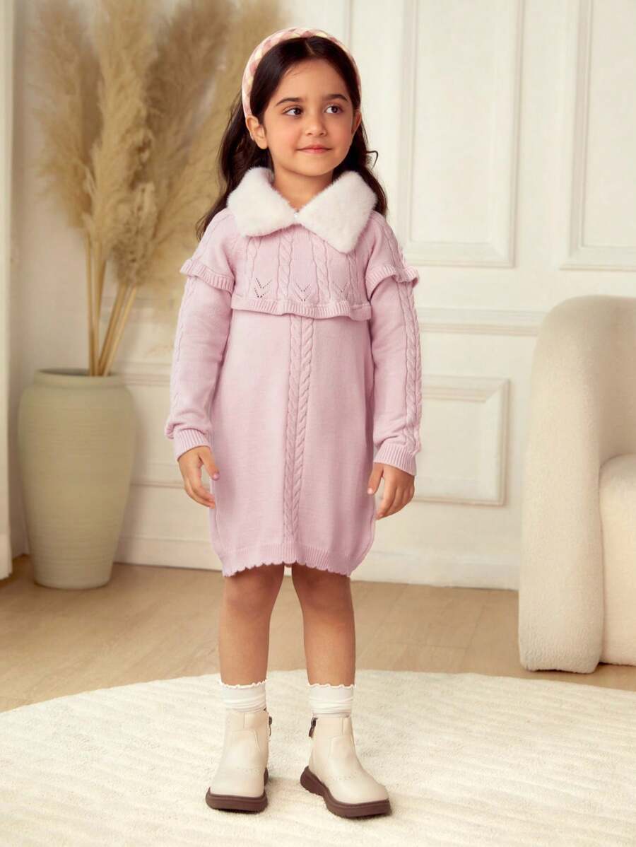 SHEIN Young Girl AllMatch Cable Knit Frill Trim Snap Front Soft Fuzzy