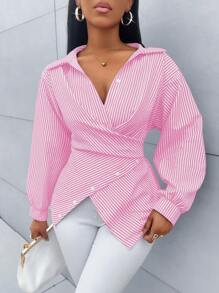 SOLERSUN Áo sơ mi nữ in sọc cài nút phía trước, viền bất đối xứng, tay cánh dơi, áo cánh quấn, trang phục mùa thu, tay dài, trang phục mùa đông, thanh lịch, đi làm hàng ngày, đi chơi, thường ngày - Hồng - Xem 4