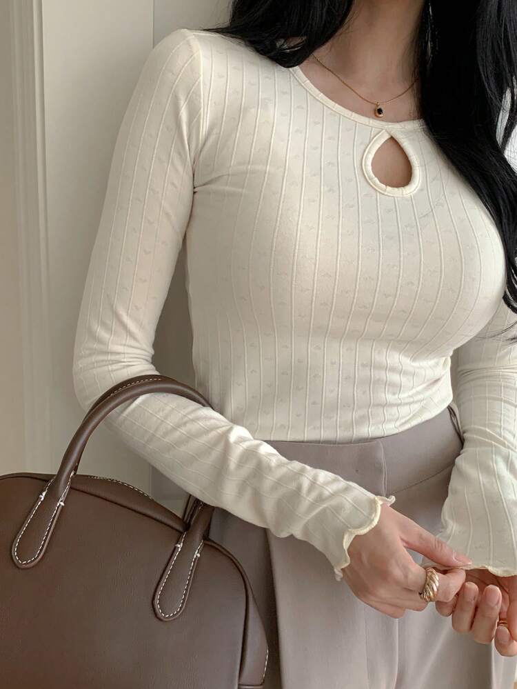 Women Casual Hollow Out Round Neck Long Sleeve T-Shirt, Simple Design For Everyday Wear,Fall Clothes