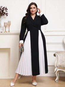 Modelyn Đầm dài thường ngày xếp ly cổ chữ V màu trơn cỡ lớn Đầm dạ hội dài - Đen và trắng - Xem 6