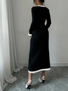 Elenzga Váy len chữ A tay loe màu tương phản cổ chữ V cho nữ, mùa thu - màu đen - Xem 2