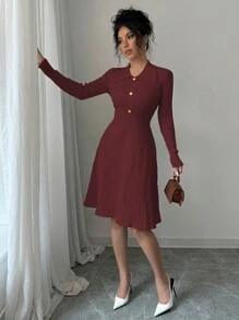 Elenzga Women Fall Casual Solid Color Fitted Waist A-Line Sweater Dress - Burgundy - View 4