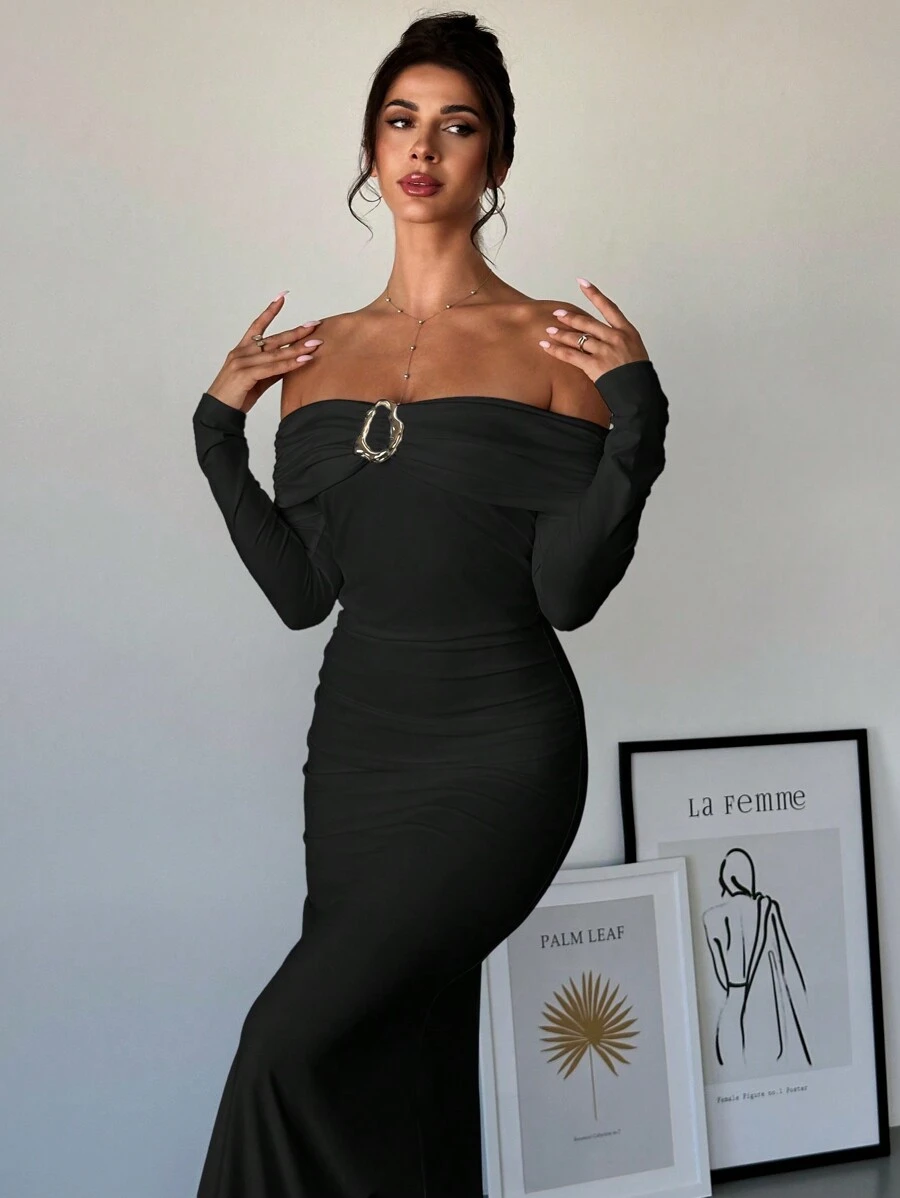 Firerie Women's Off Shoulder Ruched Metal Decor Fitted Elegant Commuter Dress - Black - View 1
