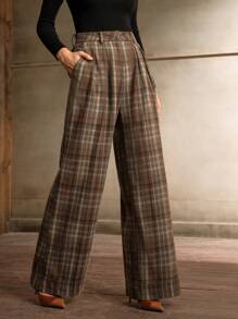 Anewsta High Waisted Straight Leg Plaid Pants For Office Lady, Autumn/Winter