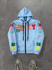 Manfinity EMRG Áo hoodie thêu hoạt hình mặt cười thời trang dạo phố cho nam màu xanh da trời - Màu xanh nhạt - Xem 3