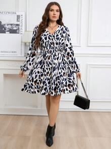 SHEIN Clasi Vestido casual de talla grande con cintura ajustada y estampado de leopardo, para otoño - Multicolor - Ver 3