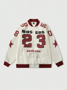 ROMWE MEN Men's Casual Sports Style Number & Letter Print Zip-Up Baseball Jacket Windbreaker