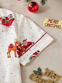 Conjunto de pijama con chaqueta de cárdigan de manga corta y pantalones cortos con estampado navideño - Blanco - Ver 3