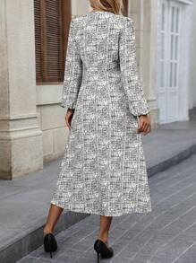 SHEIN Clasi 1pc Women Polka Dot Graffiti Print Khaki Long Sleeve A-Line Elegant Autumn Winter Comfortable Commute Versatile Dress - White - View 2