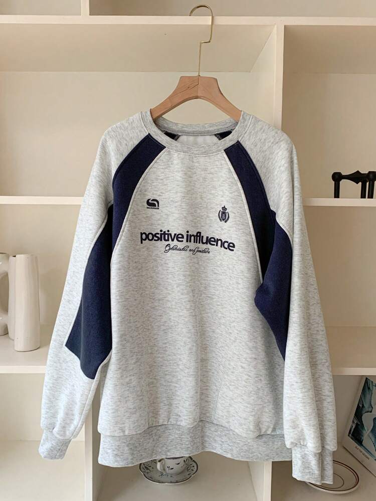 Women Letter Print Colorblock Long Sleeve Fleece Sweatshirt, Autumn/Winter,Long Sleeve Tops,Fall Women Clothes