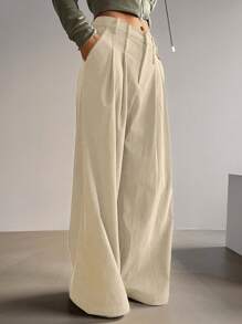 DAZY Pantalones anchos de pierna ancha plisados de unicolor casual para mujer, otoño e invierno - Albaricoque - Ver 3