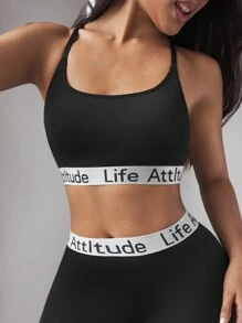 EasyFave Women's Simple Letter Stripe Minimalist Sports Bra - Black - View 3