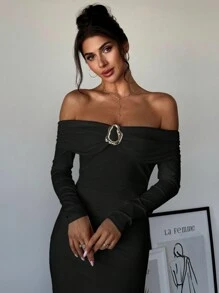 Firerie Women's Off Shoulder Ruched Metal Decor Fitted Elegant Commuter Dress - Black - View 4