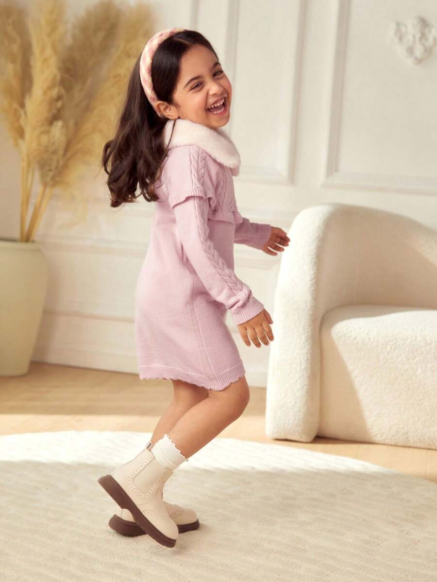 SHEIN Young Girl AllMatch Cable Knit Frill Trim Snap Front Soft Fuzzy