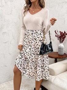 SHEIN Clasi 1pc Women's Rib Knit T-Shirt & Animal Print A-Line Dress Set - Multicolor - View 4