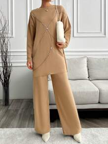 RueChic Woman Regular Fit Rhinestones, Embroidery And Pearls Detailed Winter Thick Sweater Co-Ords Two Piece - Camel - View 3