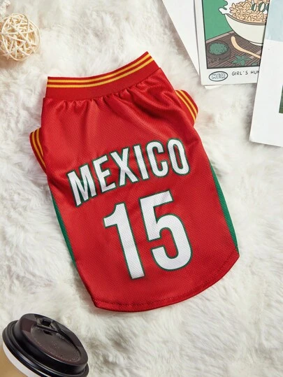 PETSIN 1 件宠物红色休闲运动衫，带 15 号英文文字和条纹印花罗纹饰边，适合猫和狗