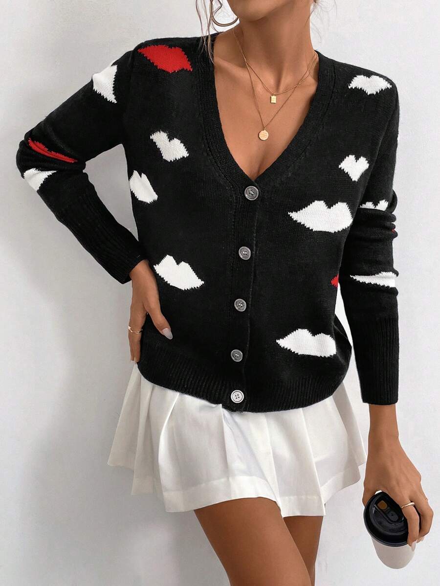 SHEIN Unity 欧美风V领提花红唇针织开衫小外套百搭 - 彩色 - 查看 1