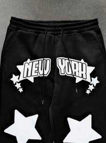 Manfinity Homme Conjunto de Moletom e Calça Plus Size de Homens, Casual, Estampa de Letra e Estrela, Outono