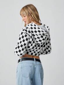SHEIN EZwear Chaqueta recortada de tipo teddy con capucha con cremallera y hombros caídos - Negro - Ver 3
