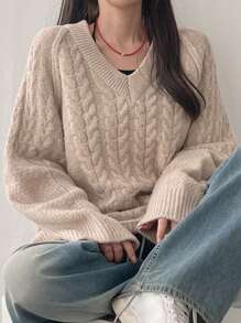 DAZY Women V-Neck Cable Knit Loose Casual Sweater,Fall Clothes - Apricot - View 4