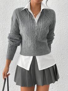 SHEIN Essnce Women Sweaters Thanksgiving Sweater Women's Solid Color Half Zip Up Casual Pullover Sweater - Grey - View 1
