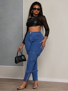 SHEIN SXY 加大码可调节带子开衩踝部紧身牛仔裤 - 中等水洗藍 - 查看 7