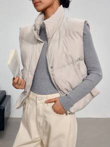 EastFlair Women High Collar Zipper Pocket Sleeveless Winter Padded Vest Jacket - Grey - View 1