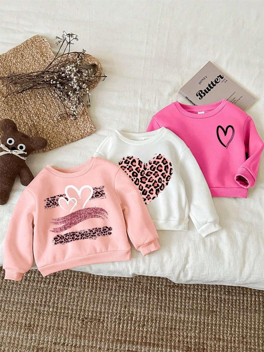 SHEIN Leap Crew 3 件套女婴休闲简约加厚长袖运动衫，适合秋冬季