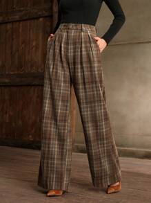 Anewsta High Waisted Straight Leg Plaid Pants For Office Lady, Autumn/Winter
