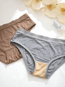 Set de 5 piezas de bragas tipo bikini acanaladas de unicolor, estilo casual
