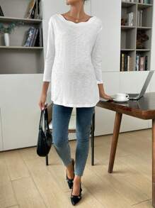 SHEIN Maternity Women's White Round Neck Loose Long-Sleeved Casual T-Shirt,Curved Wavy Neckline,Basic Autumn Everyday Smart Casual Drop Shoulder Fall Tops - White - View 6