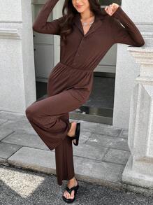 INAWLY Women's Solid Color Button Front Long Sleeve Casual Jumpsuit For Spring & Autumn - Coffee Brown - View 5