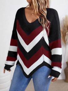 Pull surdimensionné décontracté à blocs de couleur rayés avec ourlet asymétrique, pour l'automne/l'hiver