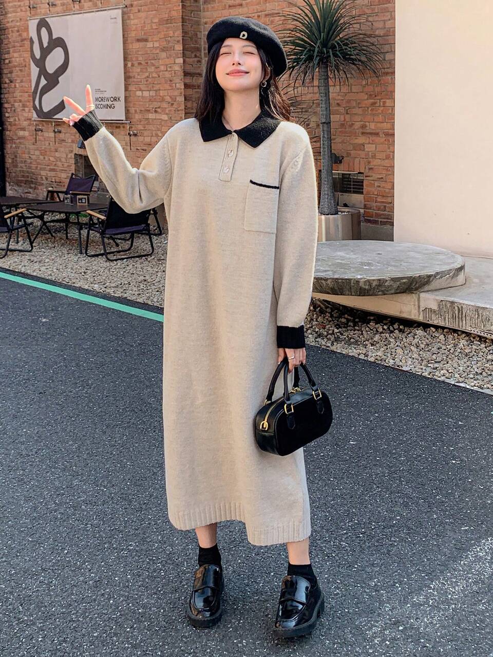Women's Contrast Color Polo Collar Long Sleeve Casual Loose Sweater Dress, Autumn/Winter,Fall Women Clothes