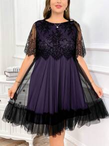 SHEIN Clasi Abito estivo elegante in taglia grande con pizzo nero e inserto in rete a contrasto