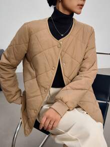 EastFlair Women's Diamond Quilted Collarless Light Padded Coat Coat, New Autumn/Winter Collection - Khaki - View 5
